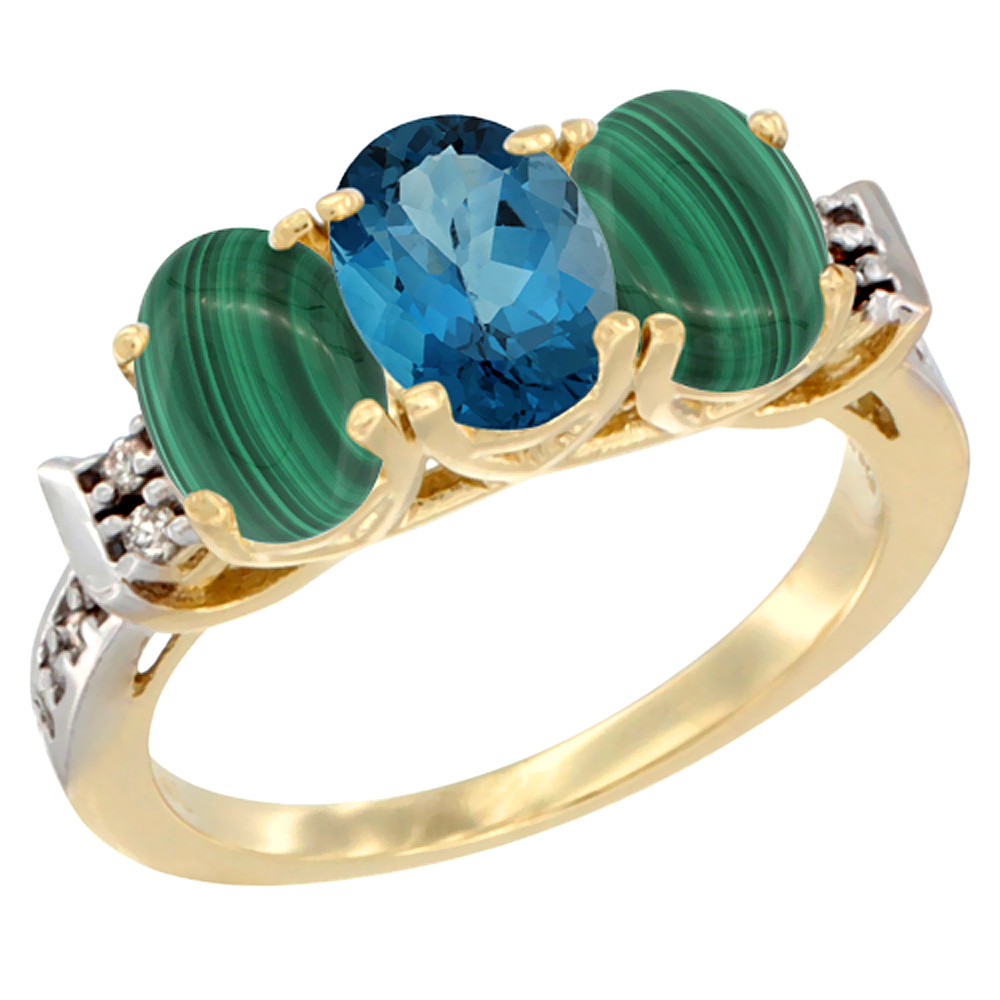 14K Yellow Gold Natural London Blue Topaz &amp; Malachite Ring 3-Stone 7x5 mm Oval Diamond Accent, sizes 5 - 10