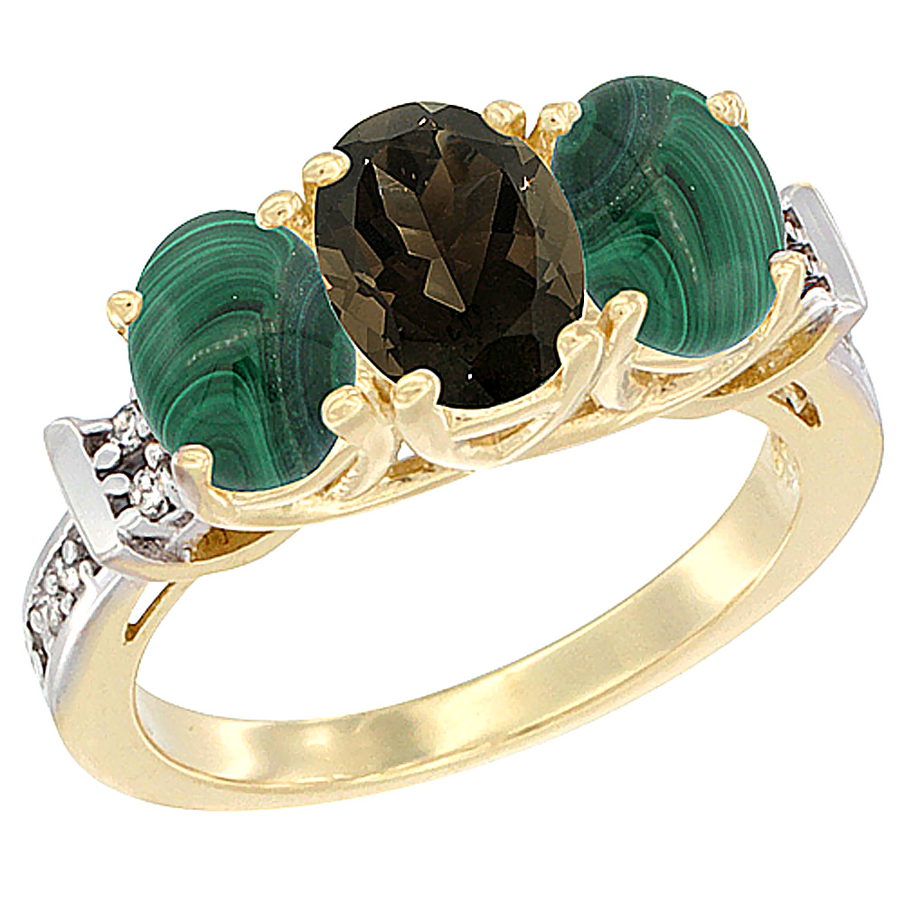 14K Yellow Gold Natural Smoky Topaz & Malachite Sides Ring 3-Stone Oval Diamond Accent, sizes 5 - 10