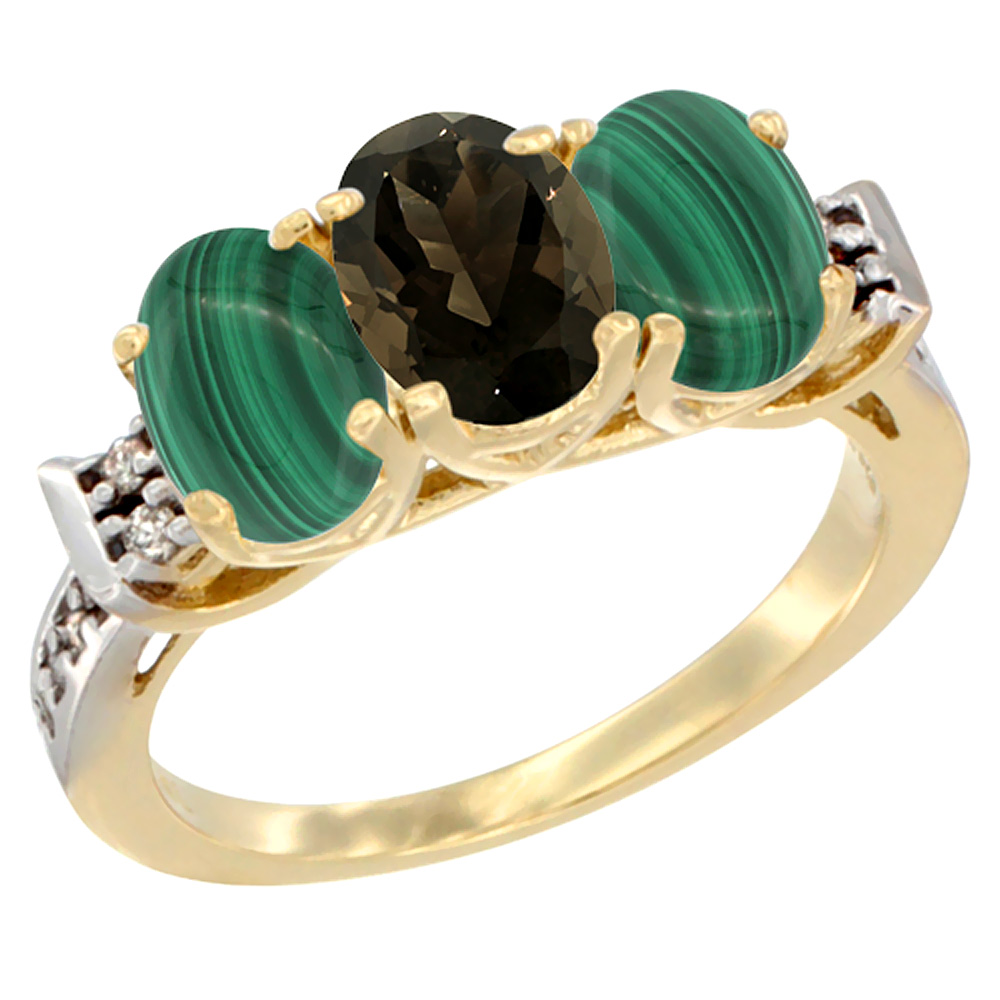 14K Yellow Gold Natural Smoky Topaz &amp; Malachite Ring 3-Stone 7x5 mm Oval Diamond Accent, sizes 5 - 10