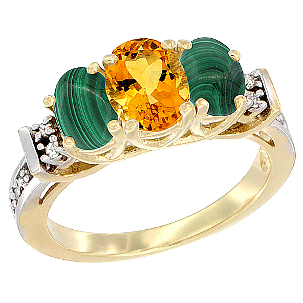 14K Yellow Gold Natural Citrine & Malachite Ring 3-Stone Oval Diamond Accent