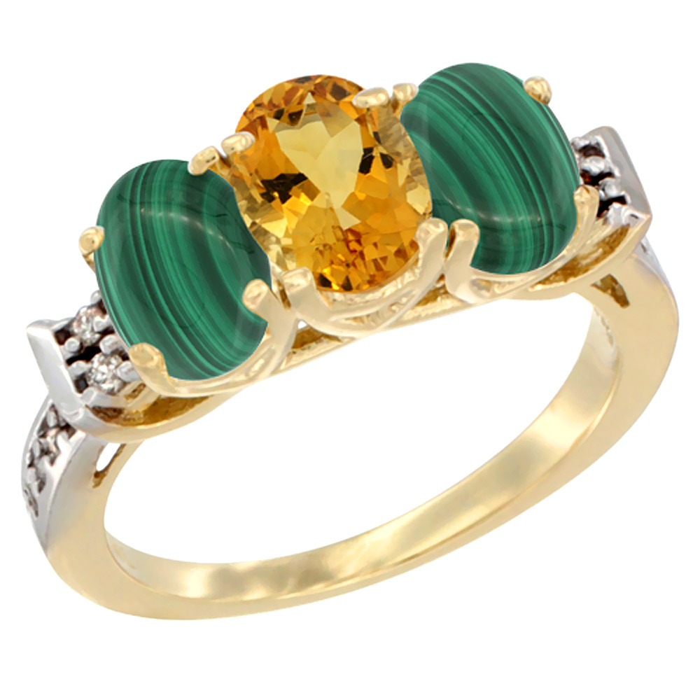 14K Yellow Gold Natural Citrine & Malachite Ring 3-Stone 7x5 mm Oval Diamond Accent, sizes 5 - 10