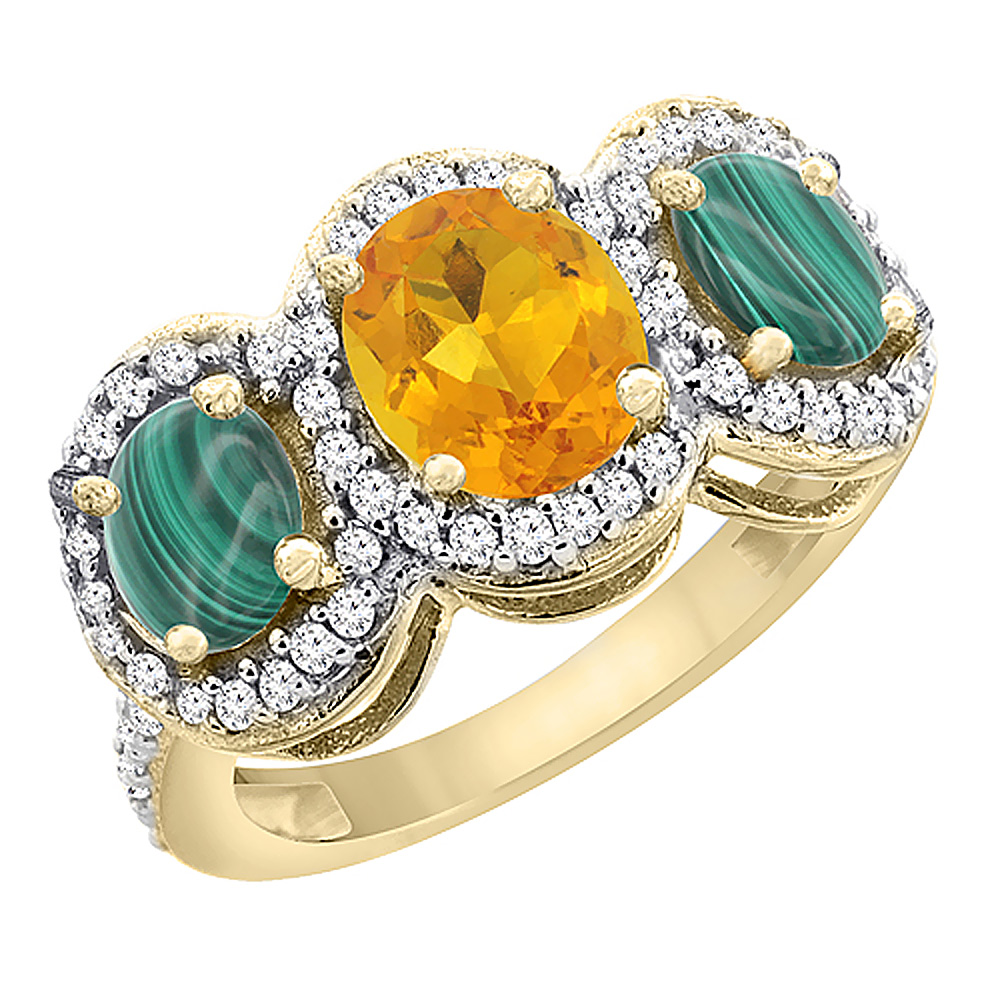 14K Yellow Gold Natural Citrine &amp; Malachite 3-Stone Ring Oval Diamond Accent, sizes 5 - 10