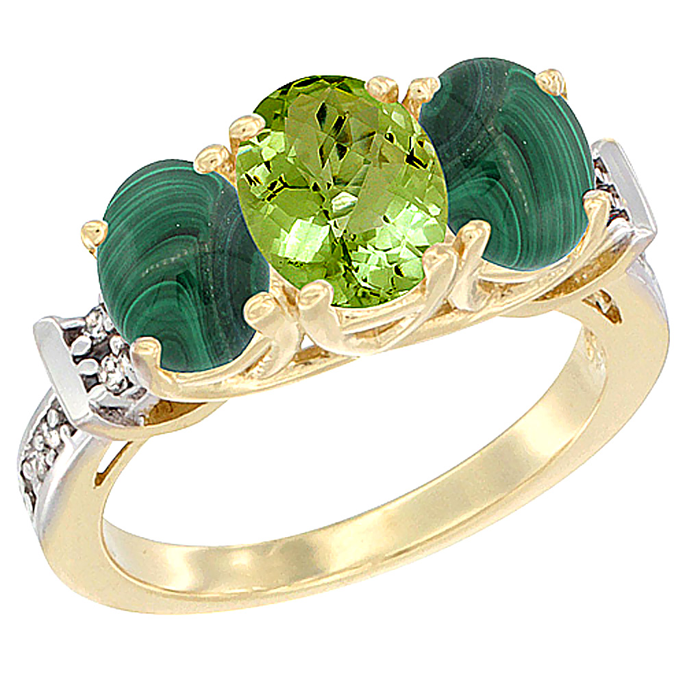 14K Yellow Gold Natural Peridot &amp; Malachite Sides Ring 3-Stone Oval Diamond Accent, sizes 5 - 10