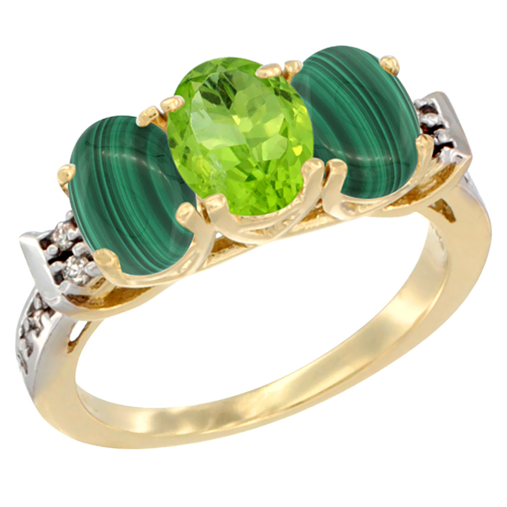 14K Yellow Gold Natural Peridot &amp; Malachite Ring 3-Stone 7x5 mm Oval Diamond Accent, sizes 5 - 10