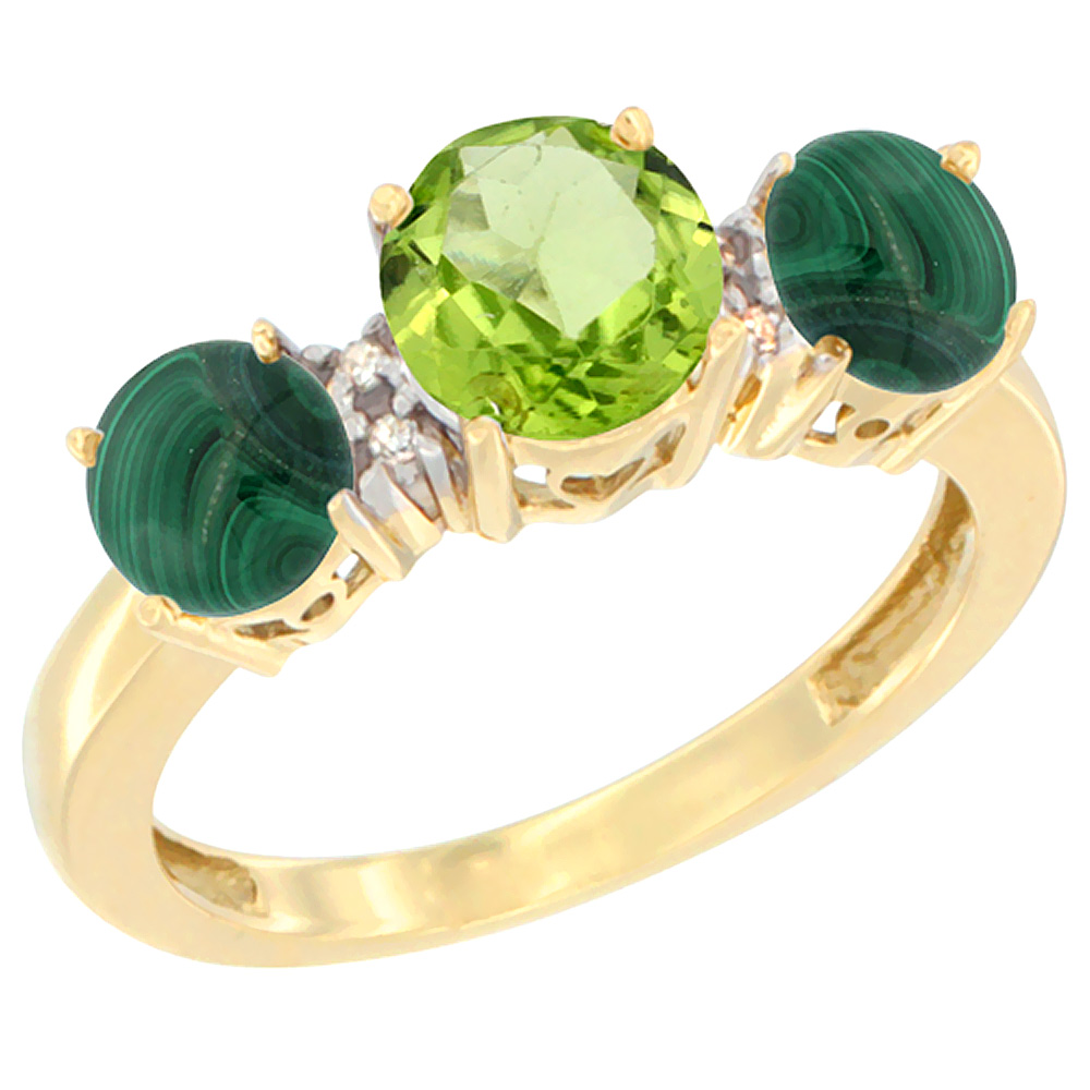 14K Yellow Gold Round 3-Stone Natural Peridot Ring & Malachite Sides Diamond Accent, sizes 5 - 10