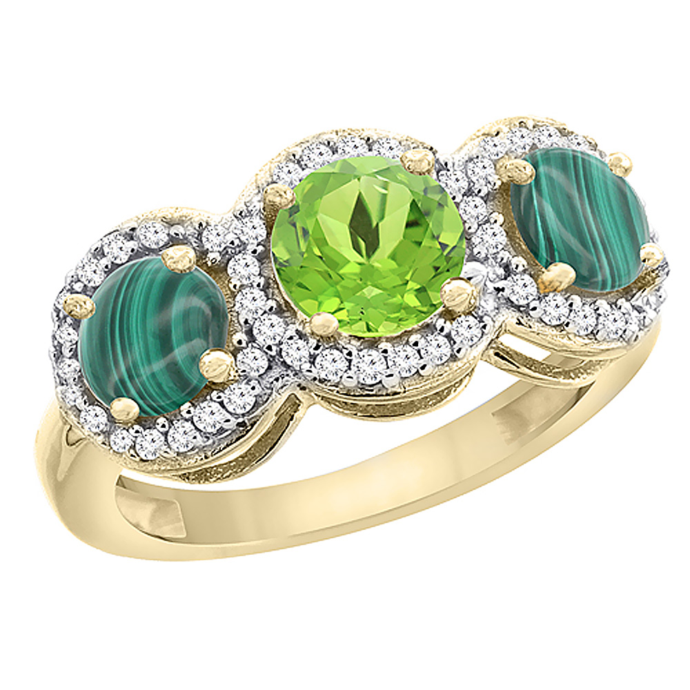 14K Yellow Gold Natural Peridot &amp; Malachite Sides Round 3-stone Ring Diamond Accents, sizes 5 - 10