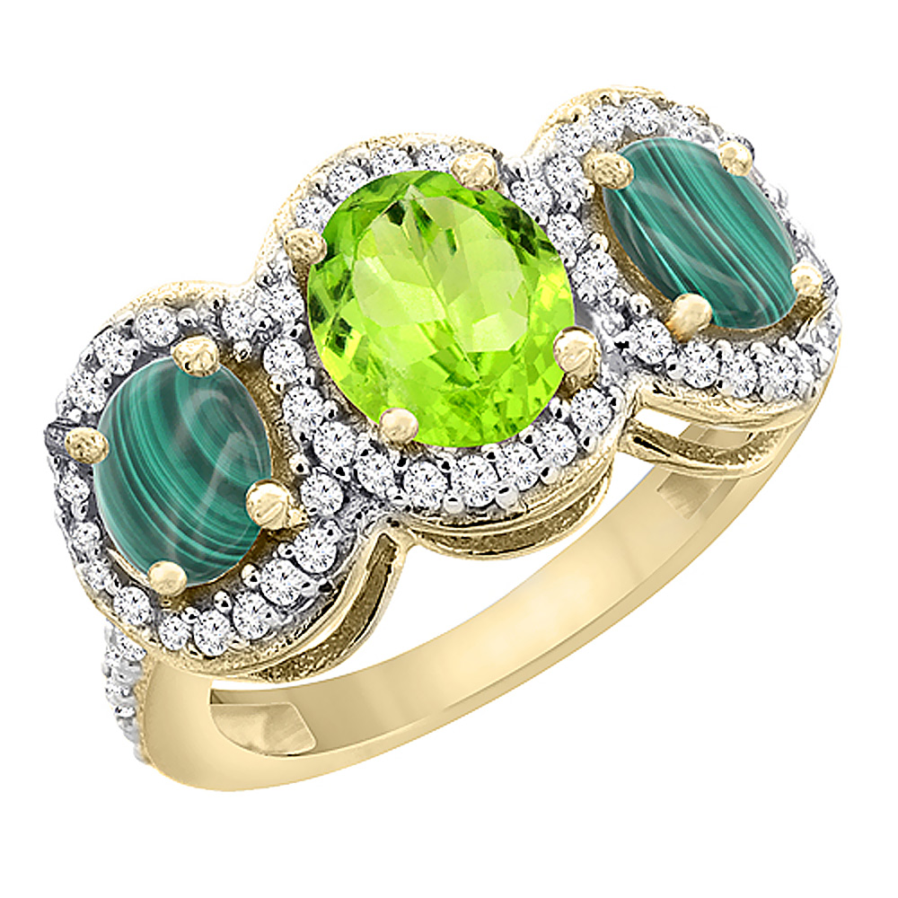 14K Yellow Gold Natural Peridot &amp; Malachite 3-Stone Ring Oval Diamond Accent, sizes 5 - 10