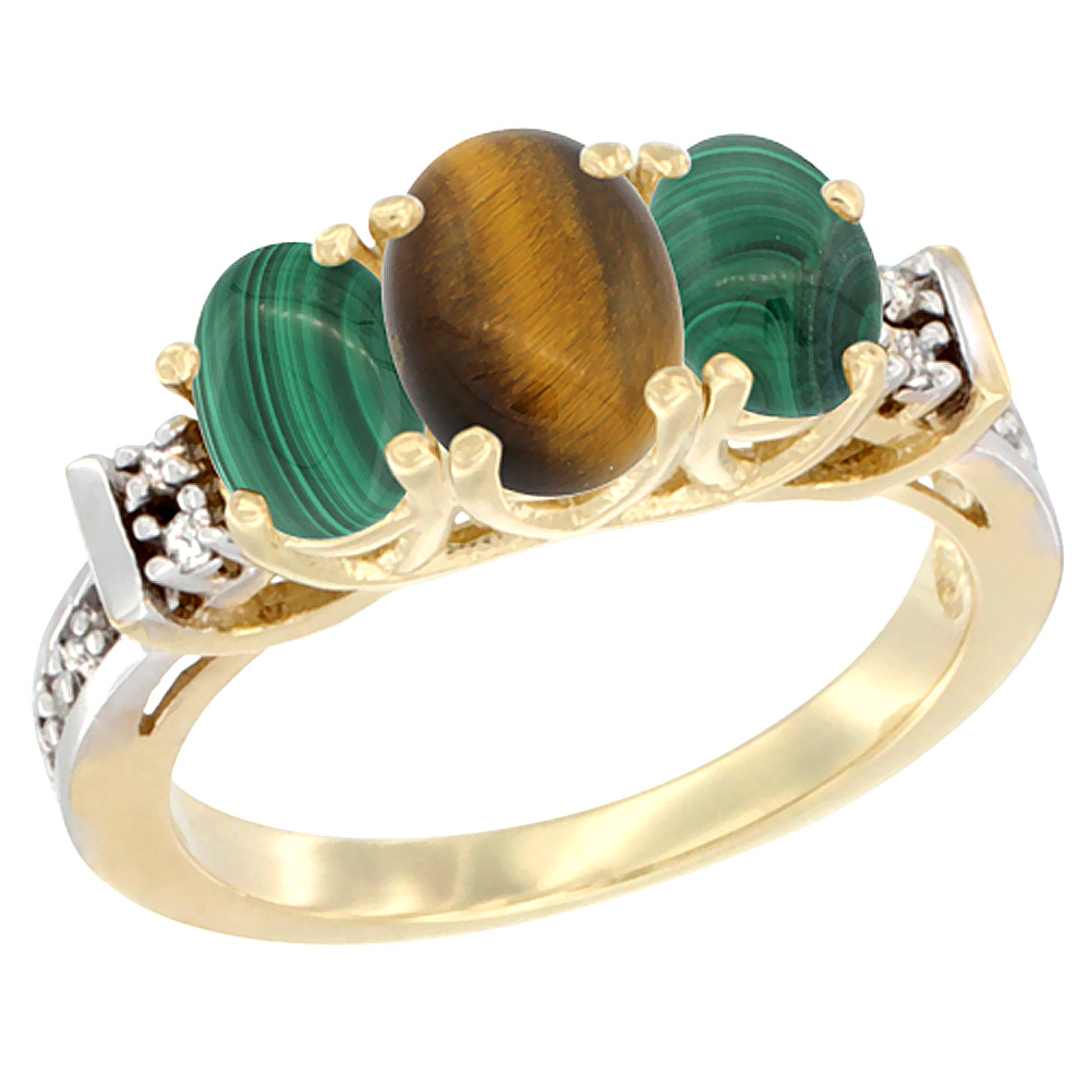 14K Yellow Gold Natural Tiger Eye &amp; Malachite Ring 3-Stone Oval Diamond Accent