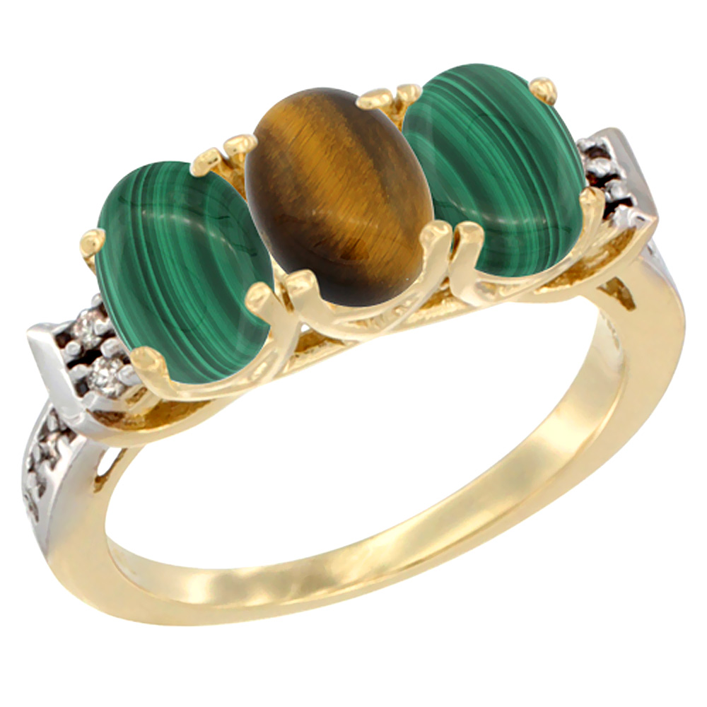 14K Yellow Gold Natural Tiger Eye &amp; Malachite Ring 3-Stone 7x5 mm Oval Diamond Accent, sizes 5 - 10