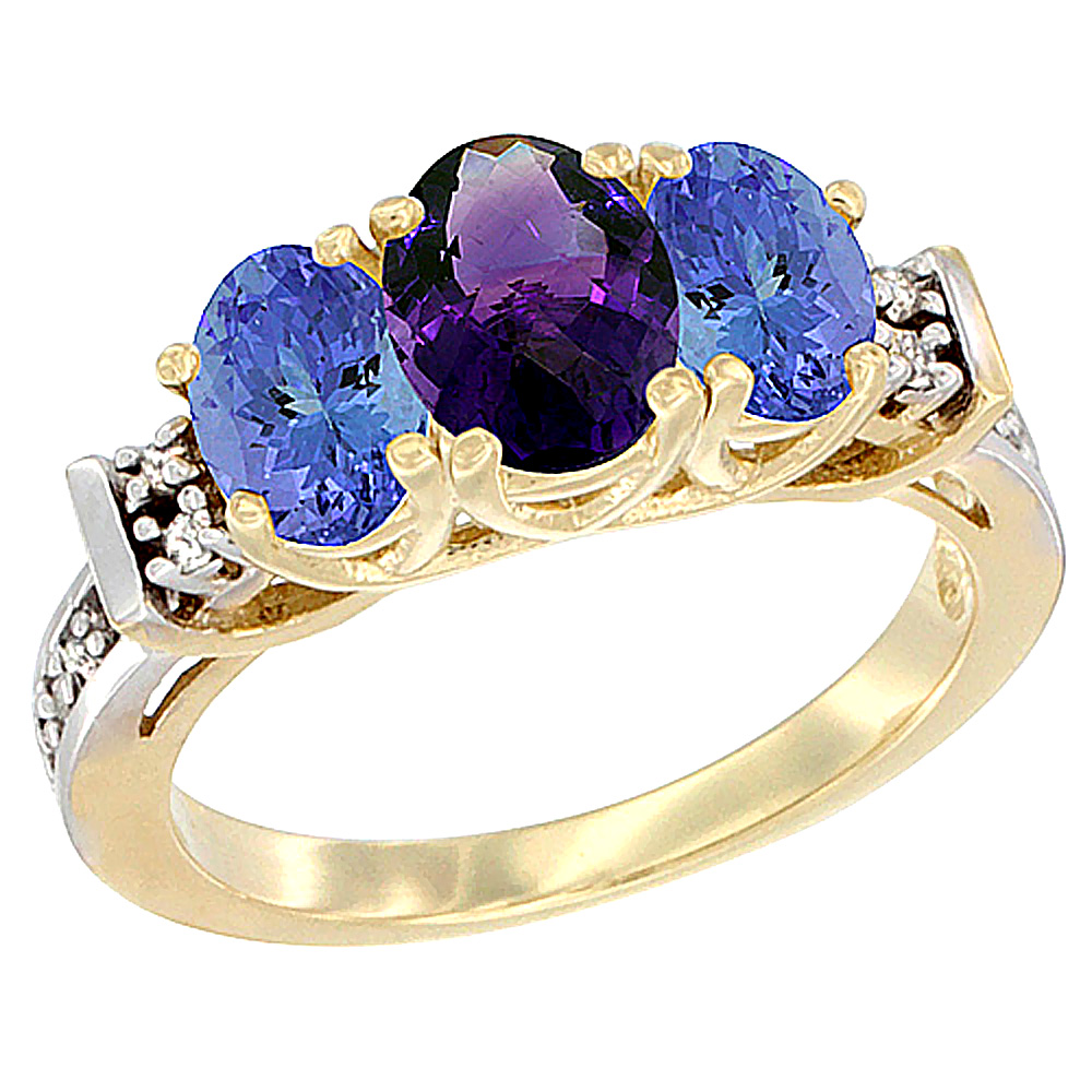 14K Yellow Gold Natural Amethyst &amp; Tanzanite Ring 3-Stone Oval Diamond Accent