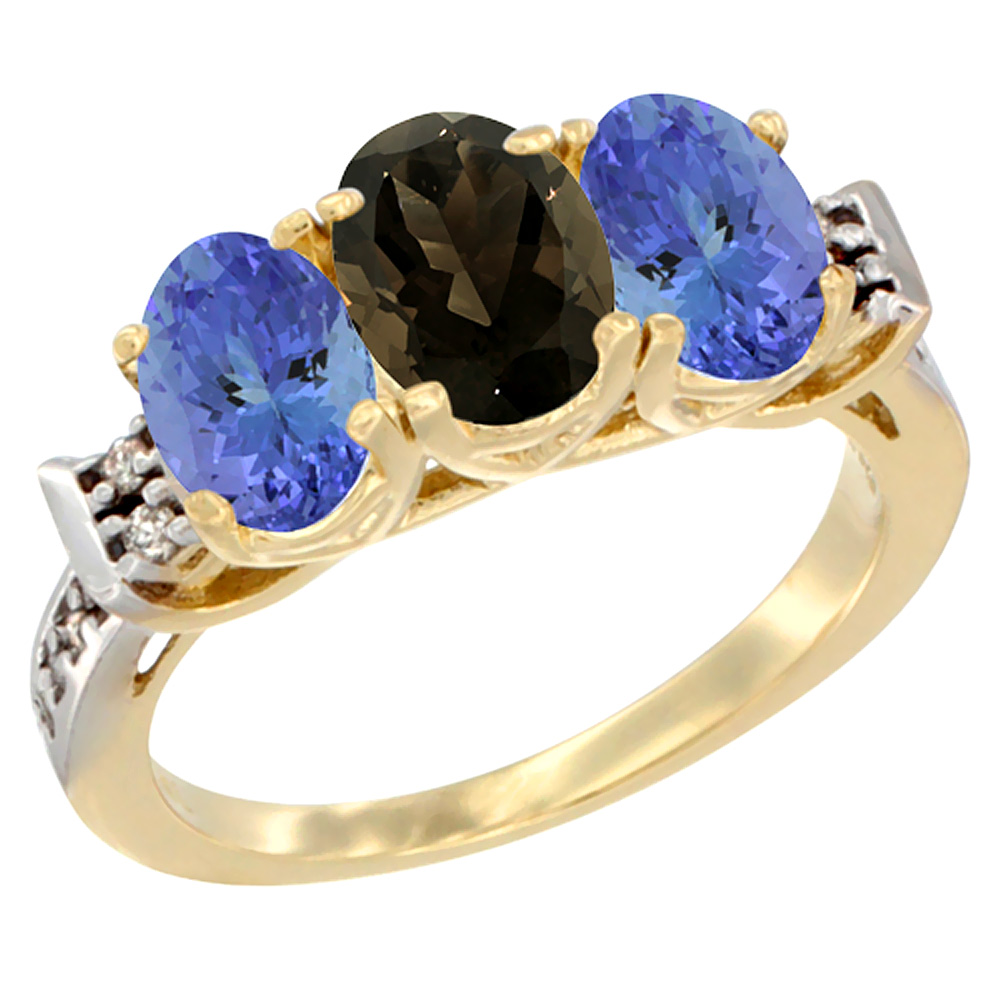 14K Yellow Gold Natural Smoky Topaz &amp; Tanzanite Ring 3-Stone 7x5 mm Oval Diamond Accent, sizes 5 - 10