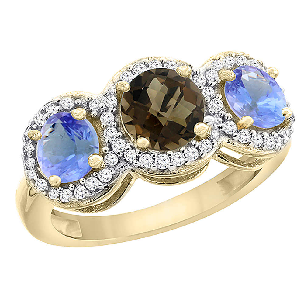 14K Yellow Gold Natural Smoky Topaz & Tanzanite Sides Round 3-stone Ring Diamond Accents, sizes 5 - 10