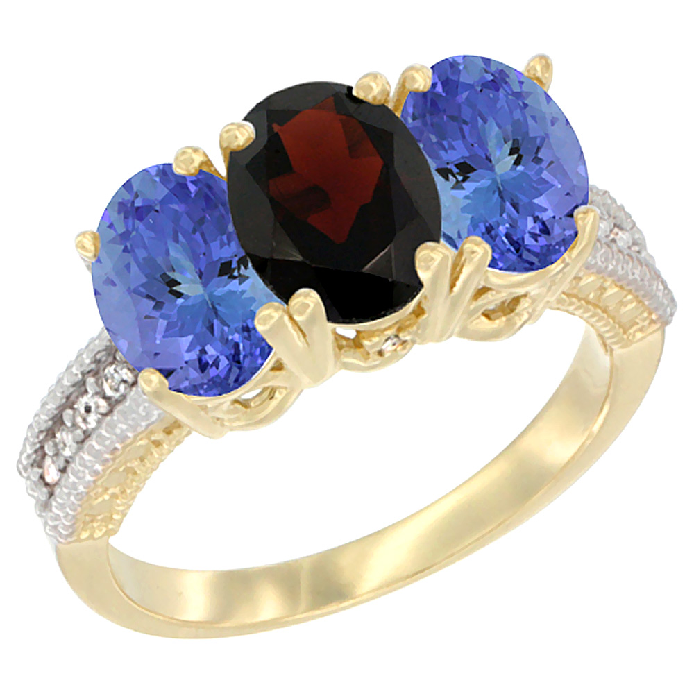 10K Yellow Gold Diamond Natural Garnet & Tanzanite Ring 3-Stone 7x5 mm Oval, sizes 5 - 10