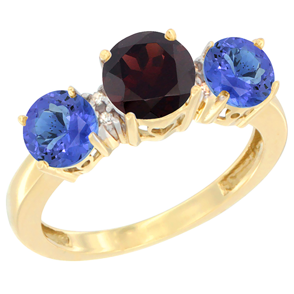 14K Yellow Gold Round 3-Stone Natural Garnet Ring &amp; Tanzanite Sides Diamond Accent, sizes 5 - 10