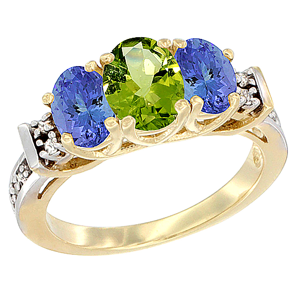 14K Yellow Gold Natural Peridot &amp; Tanzanite Ring 3-Stone Oval Diamond Accent