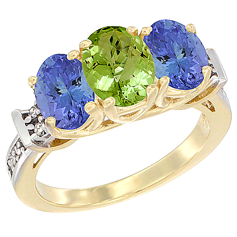 14K Yellow Gold Natural Peridot &amp; Tanzanite Sides Ring 3-Stone Oval Diamond Accent, sizes 5 - 10