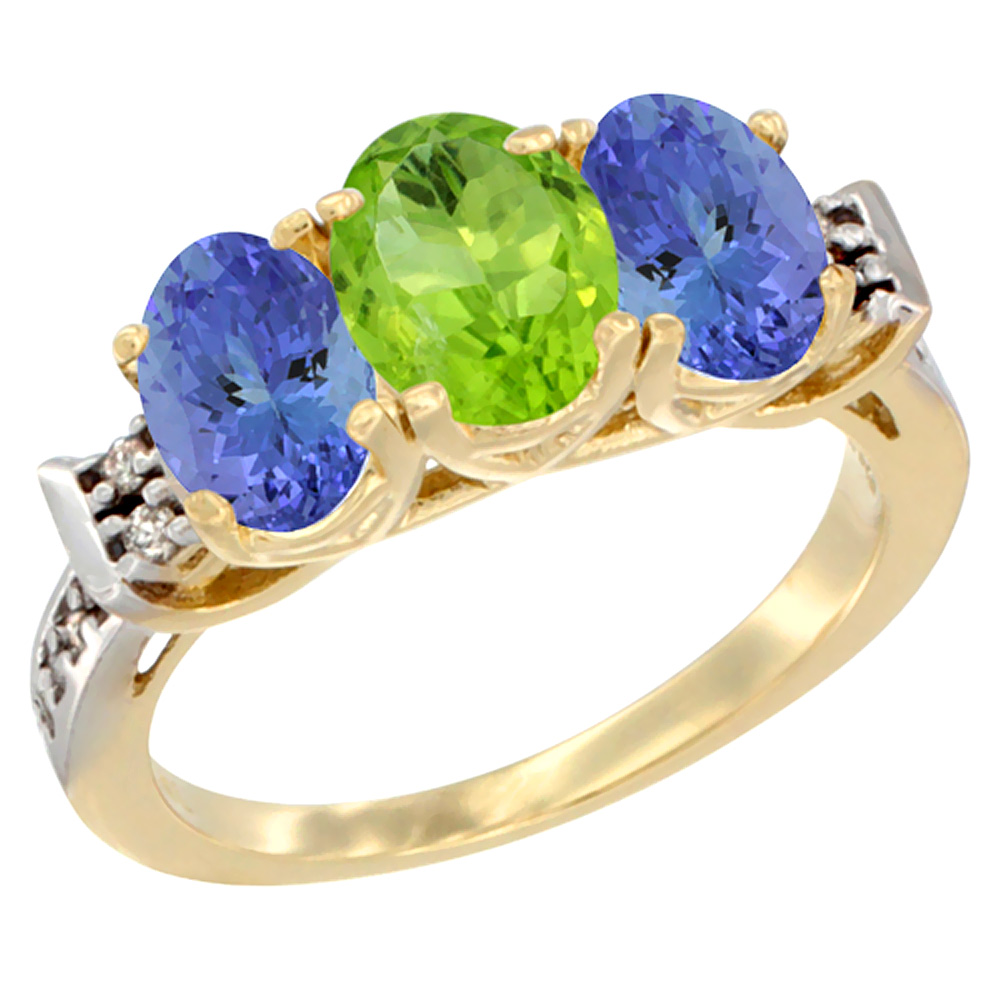 14K Yellow Gold Natural Peridot & Tanzanite Ring 3-Stone 7x5 mm Oval Diamond Accent, sizes 5 - 10