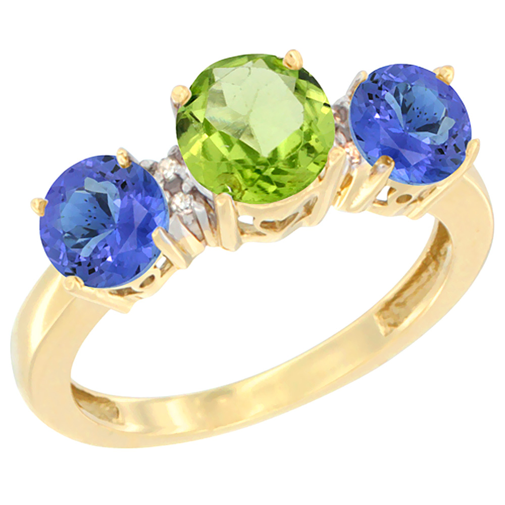 14K Yellow Gold Round 3-Stone Natural Peridot Ring &amp; Tanzanite Sides Diamond Accent, sizes 5 - 10