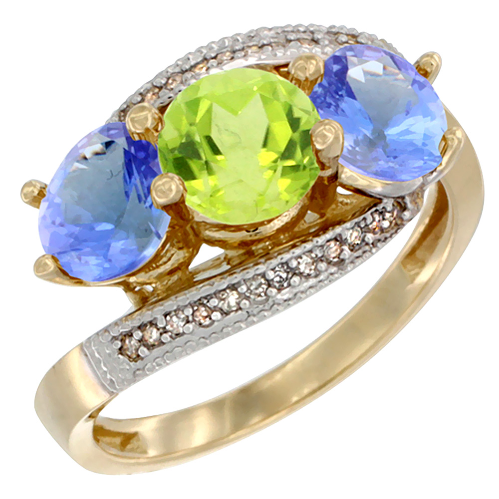 14K Yellow Gold Natural Peridot &amp; Tanzanite Sides 3 stone Ring Round 6mm Diamond Accent, sizes 5 - 10