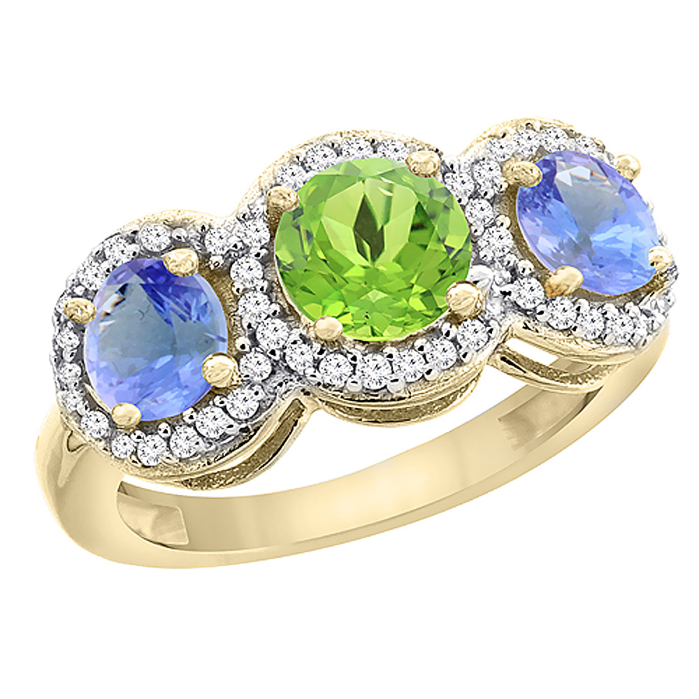 14K Yellow Gold Natural Peridot & Tanzanite Sides Round 3-stone Ring Diamond Accents, sizes 5 - 10