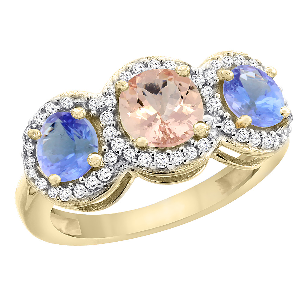 14K Yellow Gold Natural Morganite & Tanzanite Sides Round 3-stone Ring Diamond Accents, sizes 5 - 10