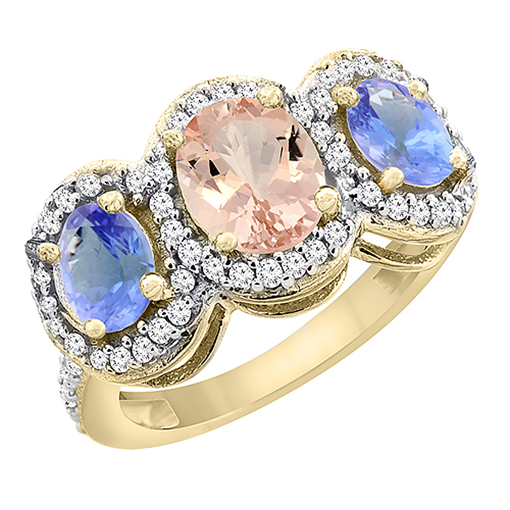 14K Yellow Gold Natural Morganite &amp; Tanzanite 3-Stone Ring Oval Diamond Accent, sizes 5 - 10