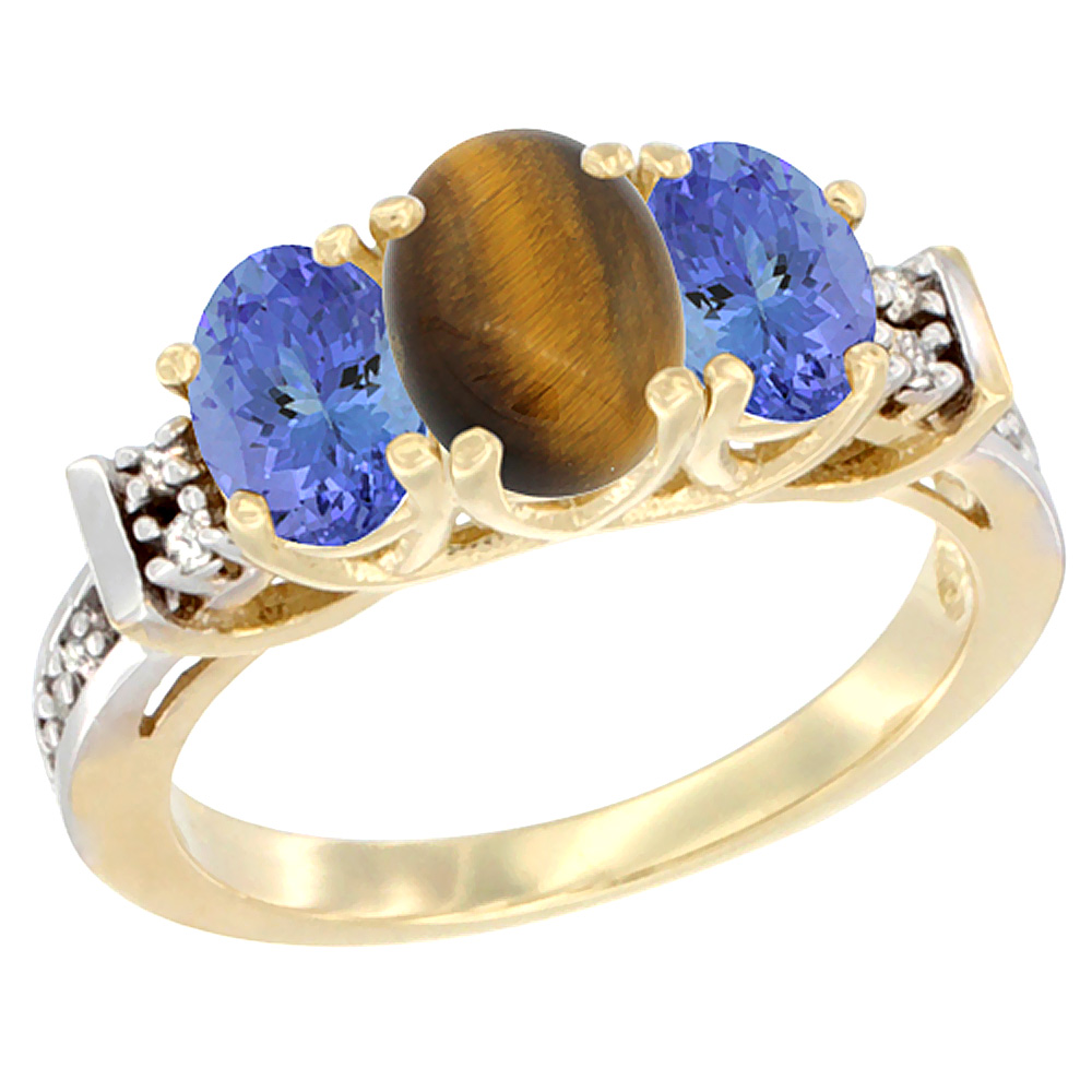 10K Yellow Gold Natural Tiger Eye & Tanzanite Ring 3-Stone Oval Diamond Accent