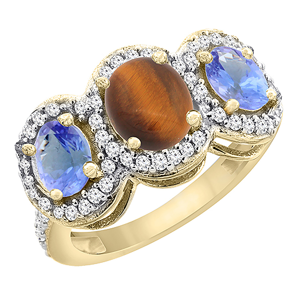 10K Yellow Gold Natural Tiger Eye & Tanzanite 3-Stone Ring Oval Diamond Accent, sizes 5 - 10