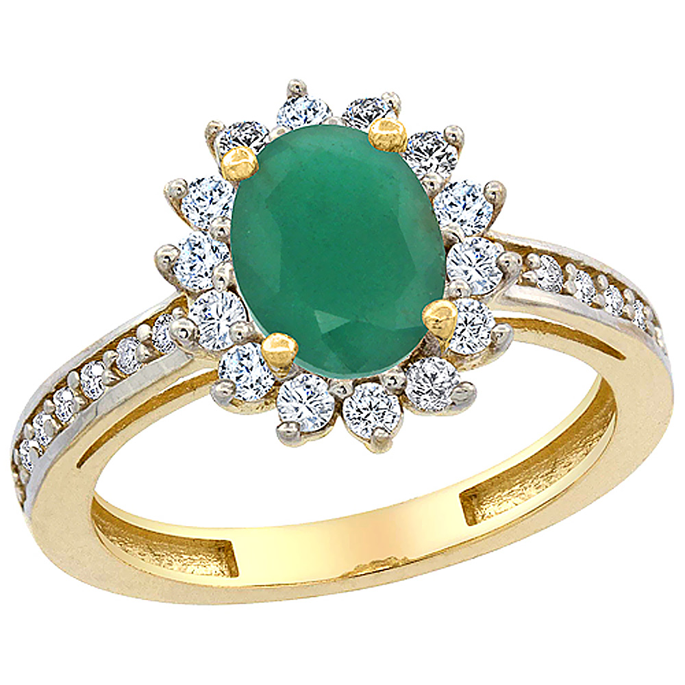 14K Yellow Gold Natural Cabochon Emerald Floral Halo Ring Oval 8x6mm Diamond Accents, sizes 5 - 10