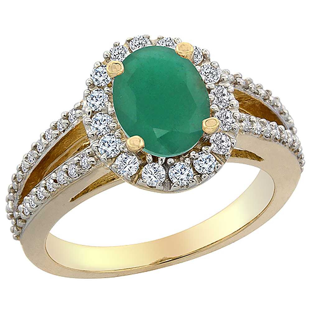 10K Yellow Gold Natural Cabochon Emerald Halo Ring Oval 8x6 mm with Diamond Accents, sizes 5 - 10