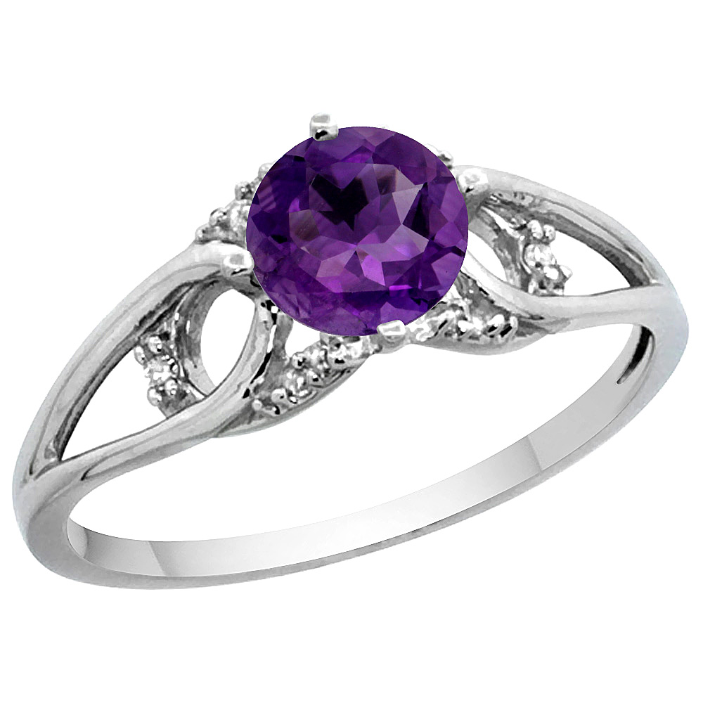 14k Yellow Gold Diamond Natural Amethyst Engagement Ring Round 6 mm, sizes 5 - 10