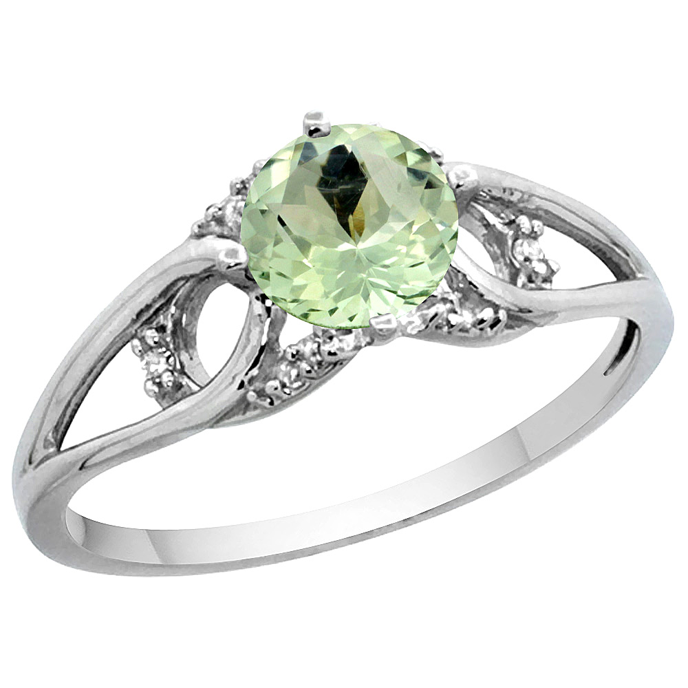 14k Yellow Gold Diamond Natural Green Amethyst Engagement Ring Round 6 mm, sizes 5 - 10