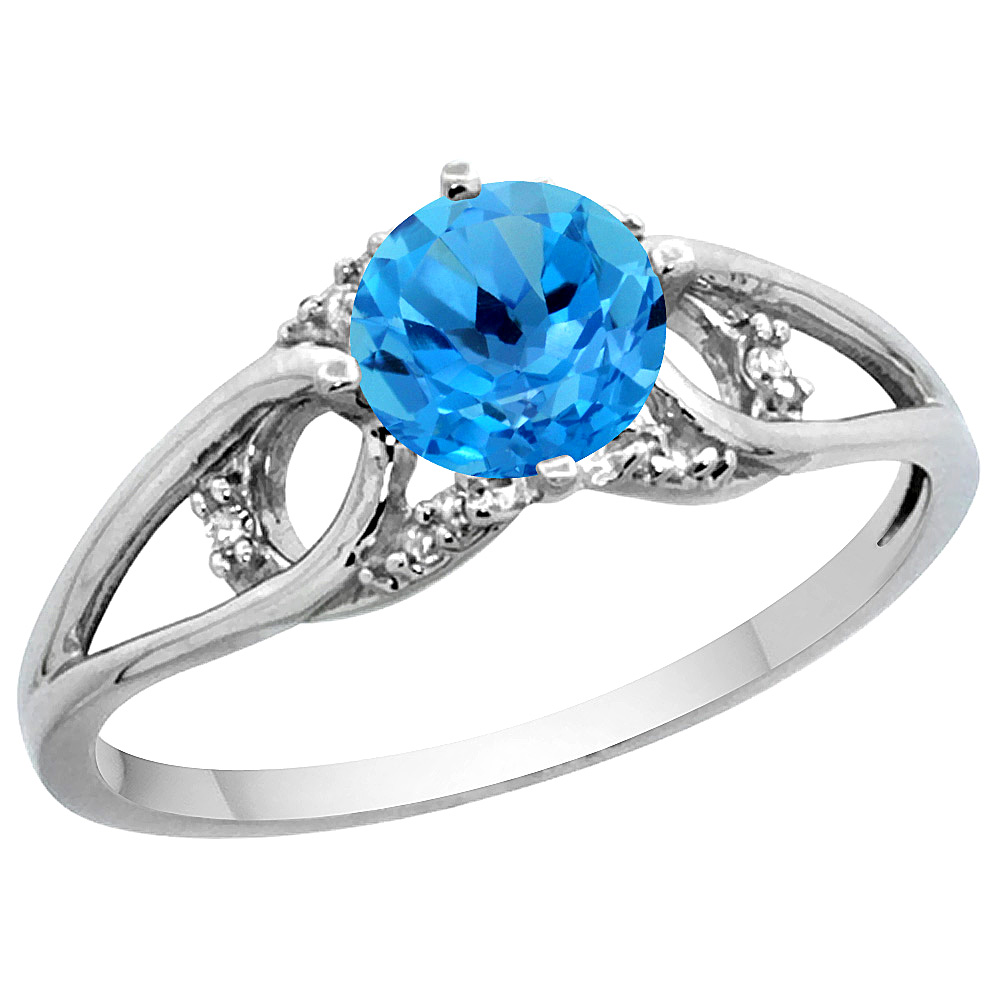 14k Yellow Gold Diamond Natural Swiss Blue Topaz Engagement Ring Round 6 mm, sizes 5 - 10