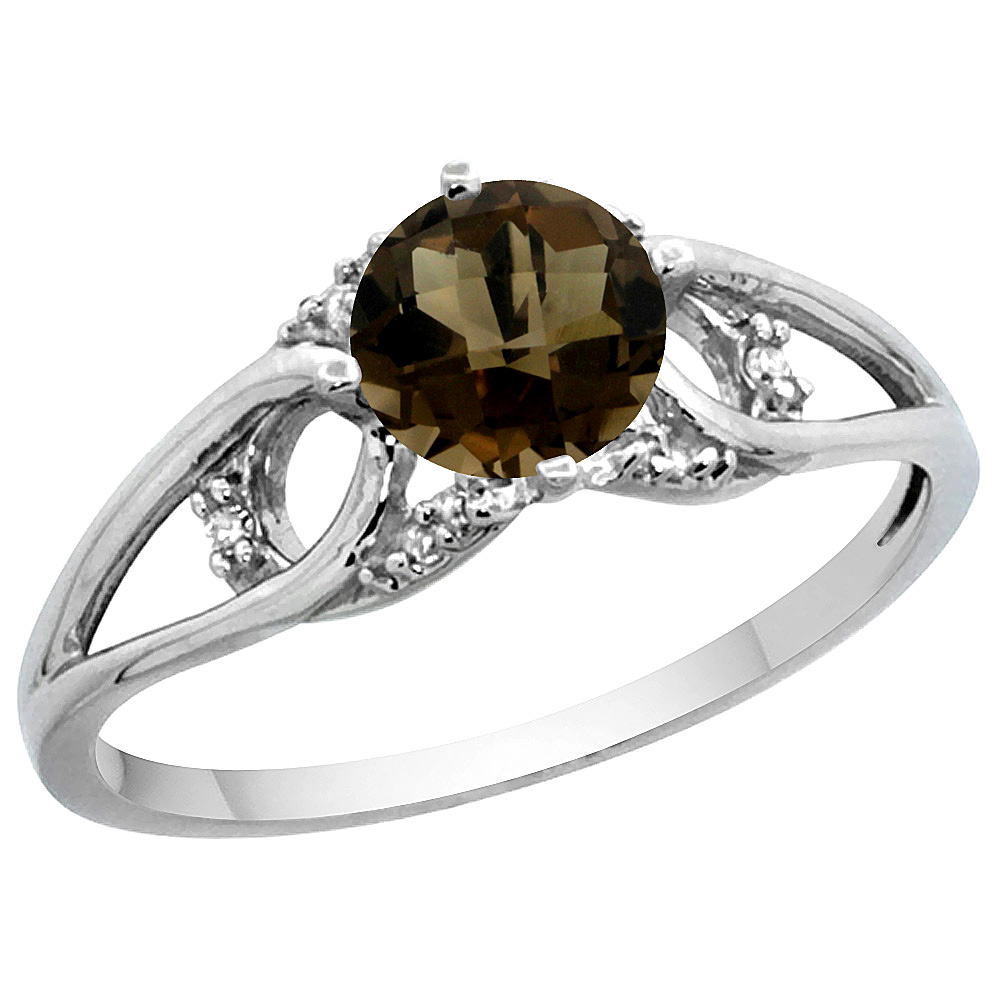 14k Yellow Gold Diamond Natural Smoky Topaz Engagement Ring Round 6 mm, sizes 5 - 10