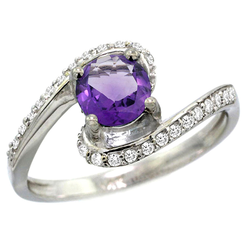 10K White Gold Natural Amethyst Swirl Design Ring Diamond Accent Round 6mm, 1/2 inch wide