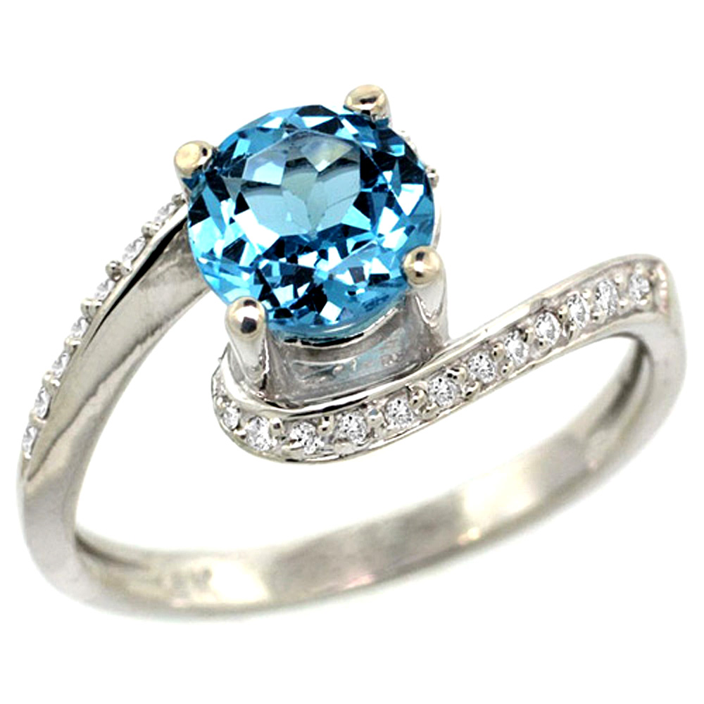 14k White Gold Natural Swiss Blue Topaz Swirl Design Ring Diamond Accent Round 6mm, 1/2 inch wide