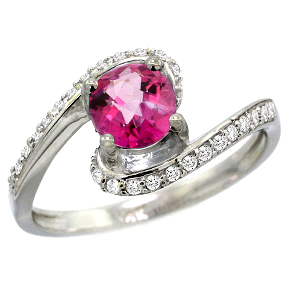 10K White Gold Natural Pink Topaz Swirl Design Ring Diamond Accent Round 6mm, 1/2 inch wide