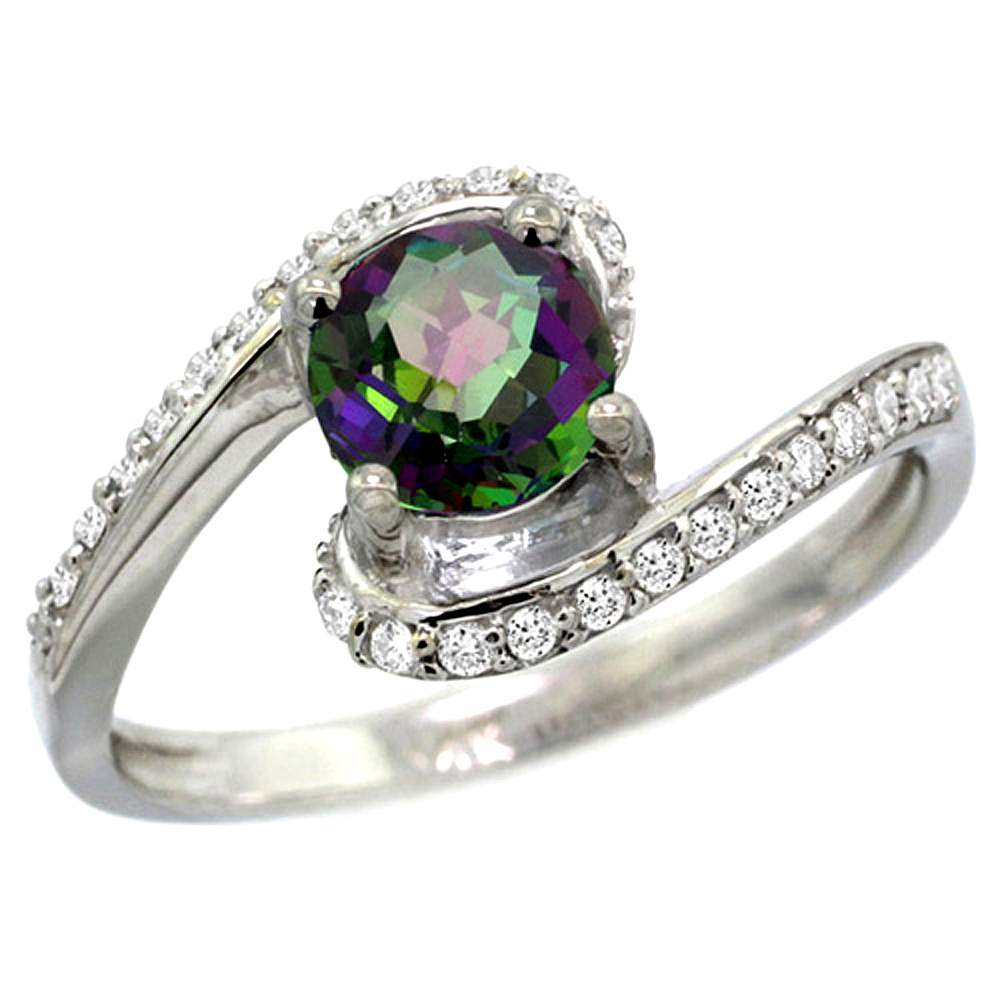 10K White Gold Natural Mystic Topaz Swirl Design Ring Diamond Accent Round 6mm, 1/2 inch wide