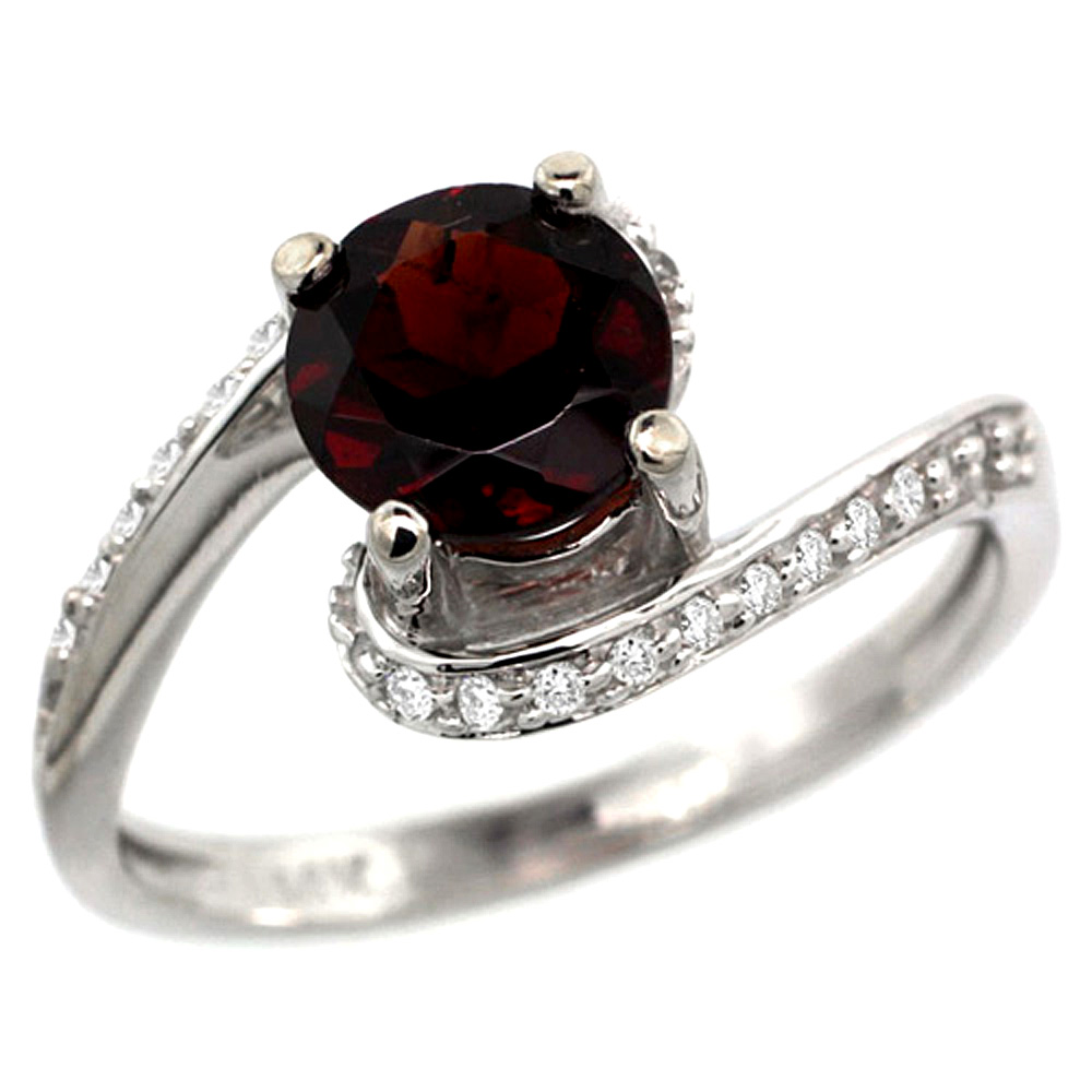 10K White Gold Natural Garnet Swirl Design Ring Diamond Accent Round 6mm, 1/2 inch wide