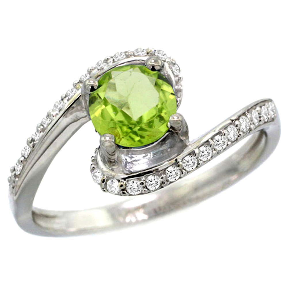 14k White Gold Natural Peridot Swirl Design Ring Diamond Accent Round 6mm, 1/2 inch wide