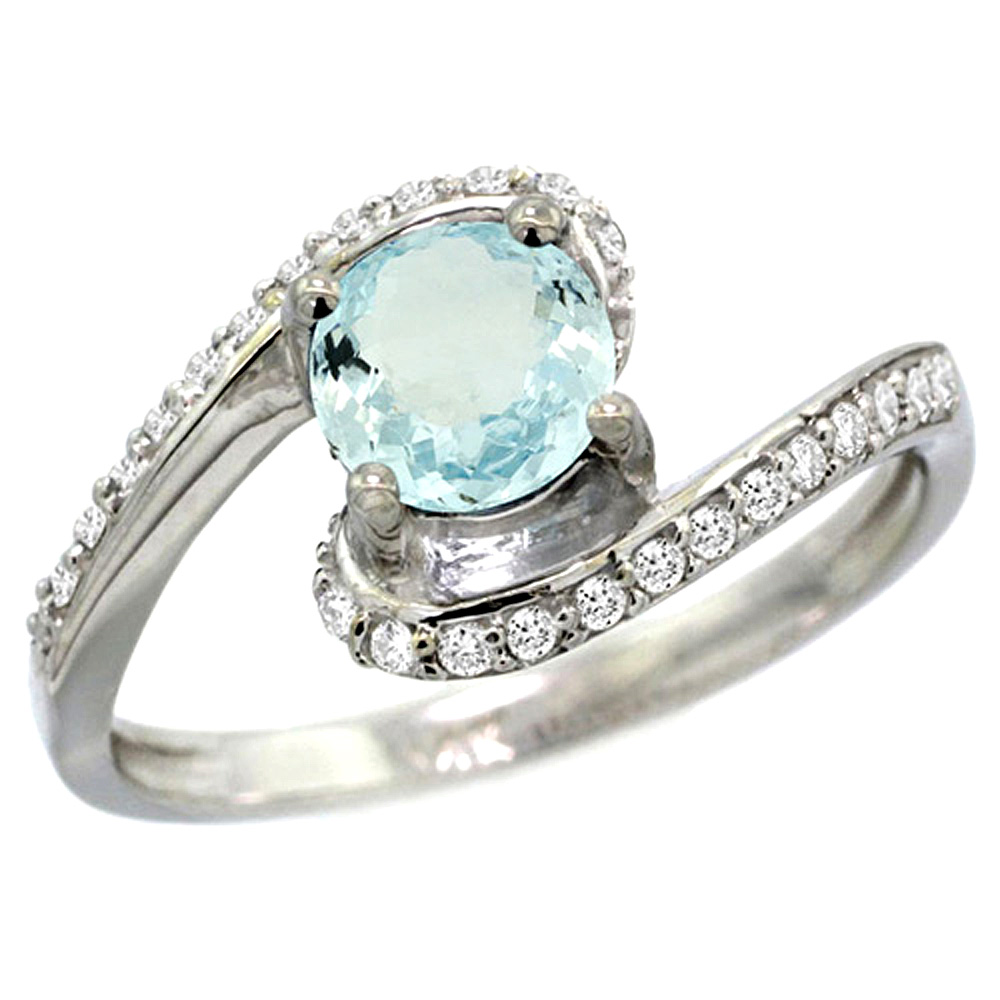 10K White Gold Natural Aquamarine Swirl Design Ring Diamond Accent Round 6mm, 1/2 inch wide