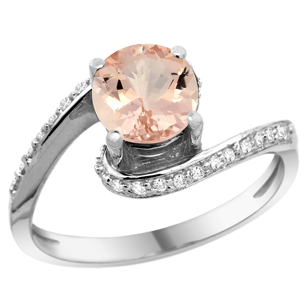 10K White Gold Natural Morganite Swirl Design Ring Diamond Accent Round 6mm, 1/2 inch wide