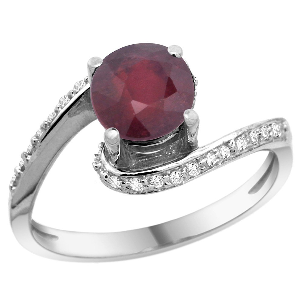 10K White Gold Natural Enhanced Ruby Swirl Design Ring Diamond Accent Round 6mm, 1/2 inch wide