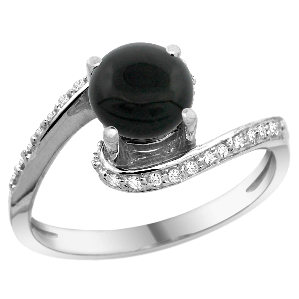 10K White Gold Natural Black Onyx Swirl Design Ring Diamond Accent Round 6mm, 1/2 inch wide