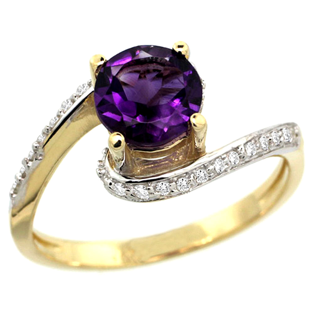 14k Yellow Gold Natural Amethyst Swirl Design Ring Diamond Accent Round 6mm, 1/2 inch wide