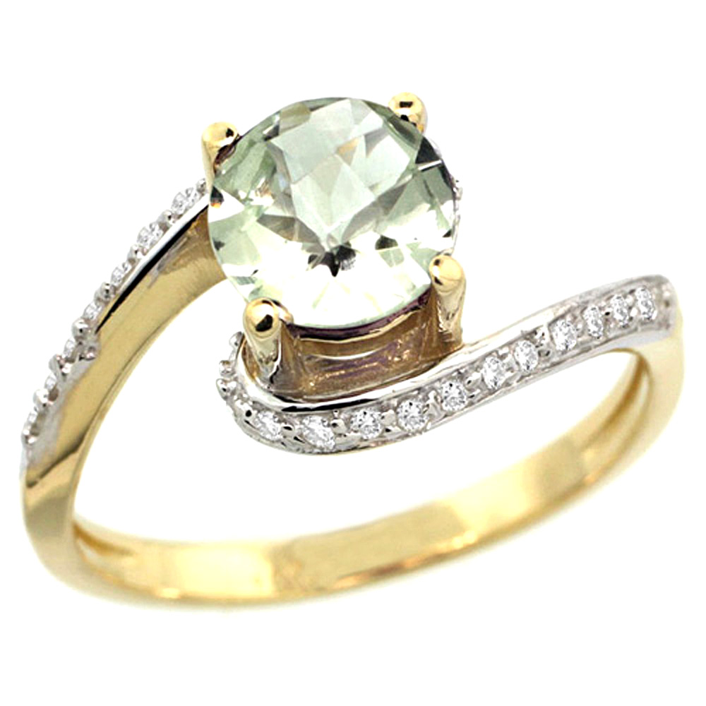 14k Yellow Gold Natural Green Amethyst Swirl Design Ring Diamond Accent Round 6mm, 1/2 inch wide