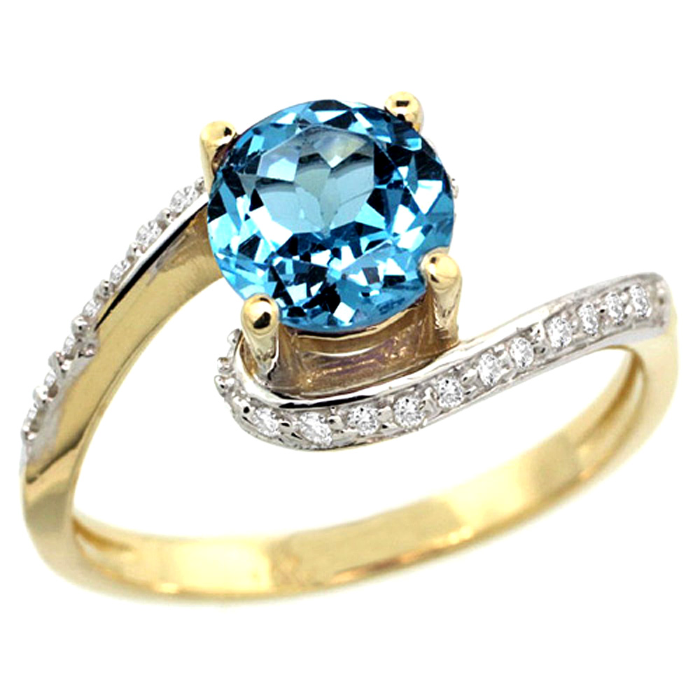 14k Yellow Gold Natural Swiss Blue Topaz Swirl Design Ring Diamond Accent Round 6mm, 1/2 inch wide