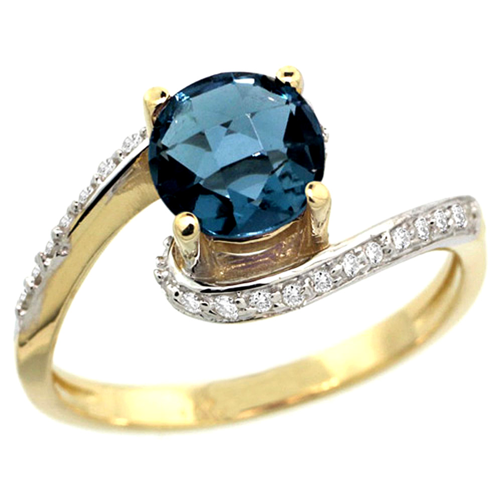 10K Yellow Gold Natural London Blue Topaz Swirl Design Ring Diamond Accent Round 6mm, 1/2 inch wide