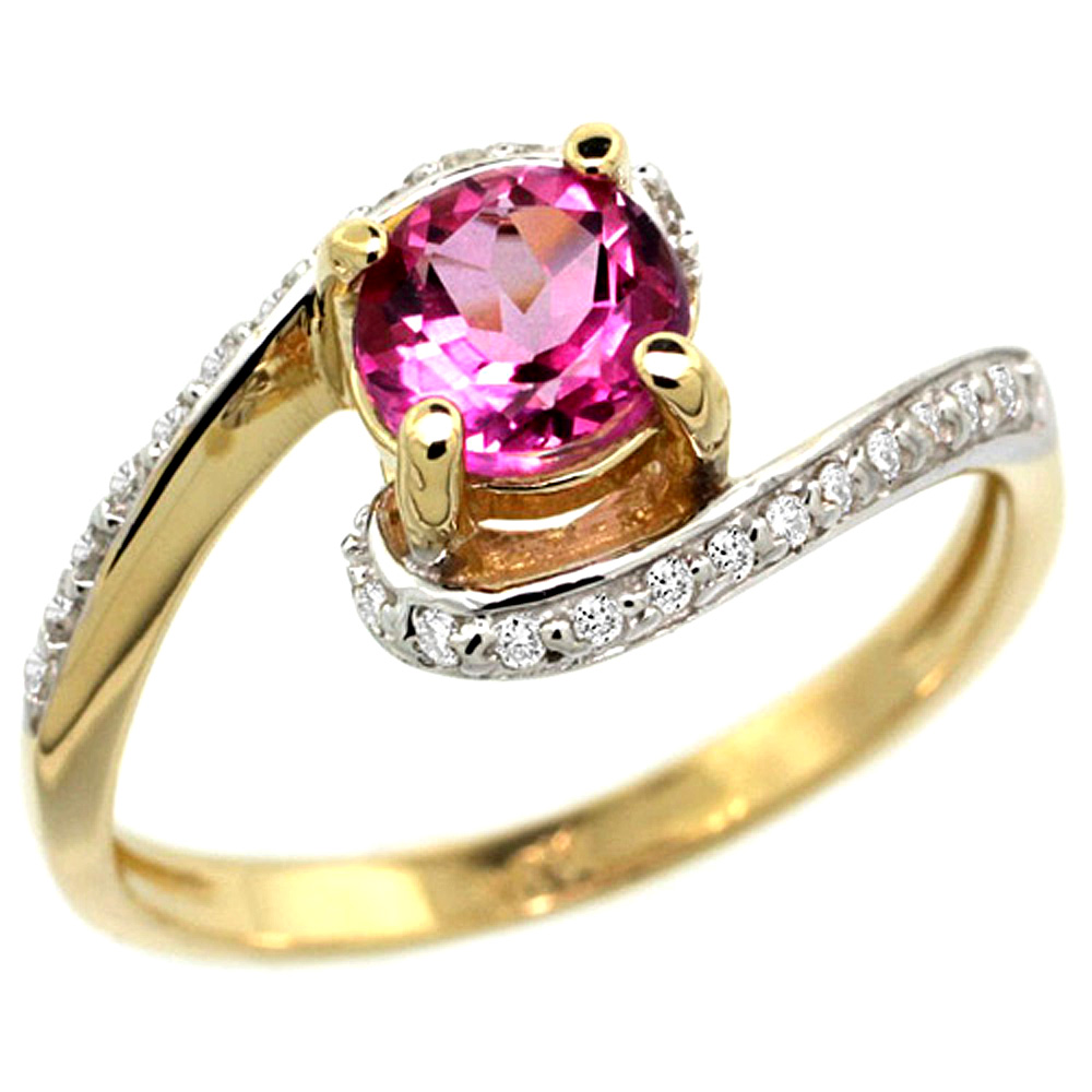 14k Yellow Gold Natural Pink Topaz Swirl Design Ring Diamond Accent Round 6mm, 1/2 inch wide