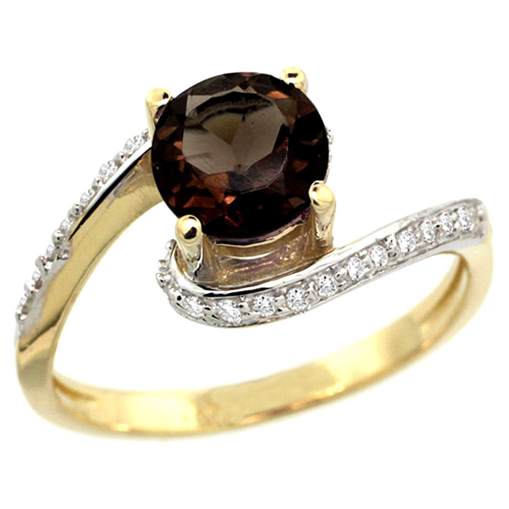 14k Yellow Gold Natural Smoky Topaz Swirl Design Ring Diamond Accent Round 6mm, 1/2 inch wide